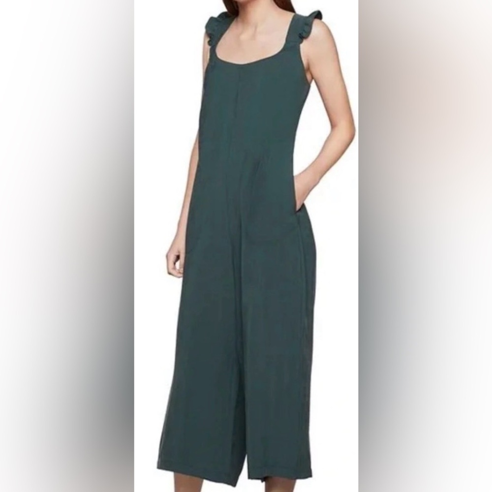 BCBG Wide Leg Culotte Jumpsuit XS NWOT Green Ruffle Straps Feminine Crop